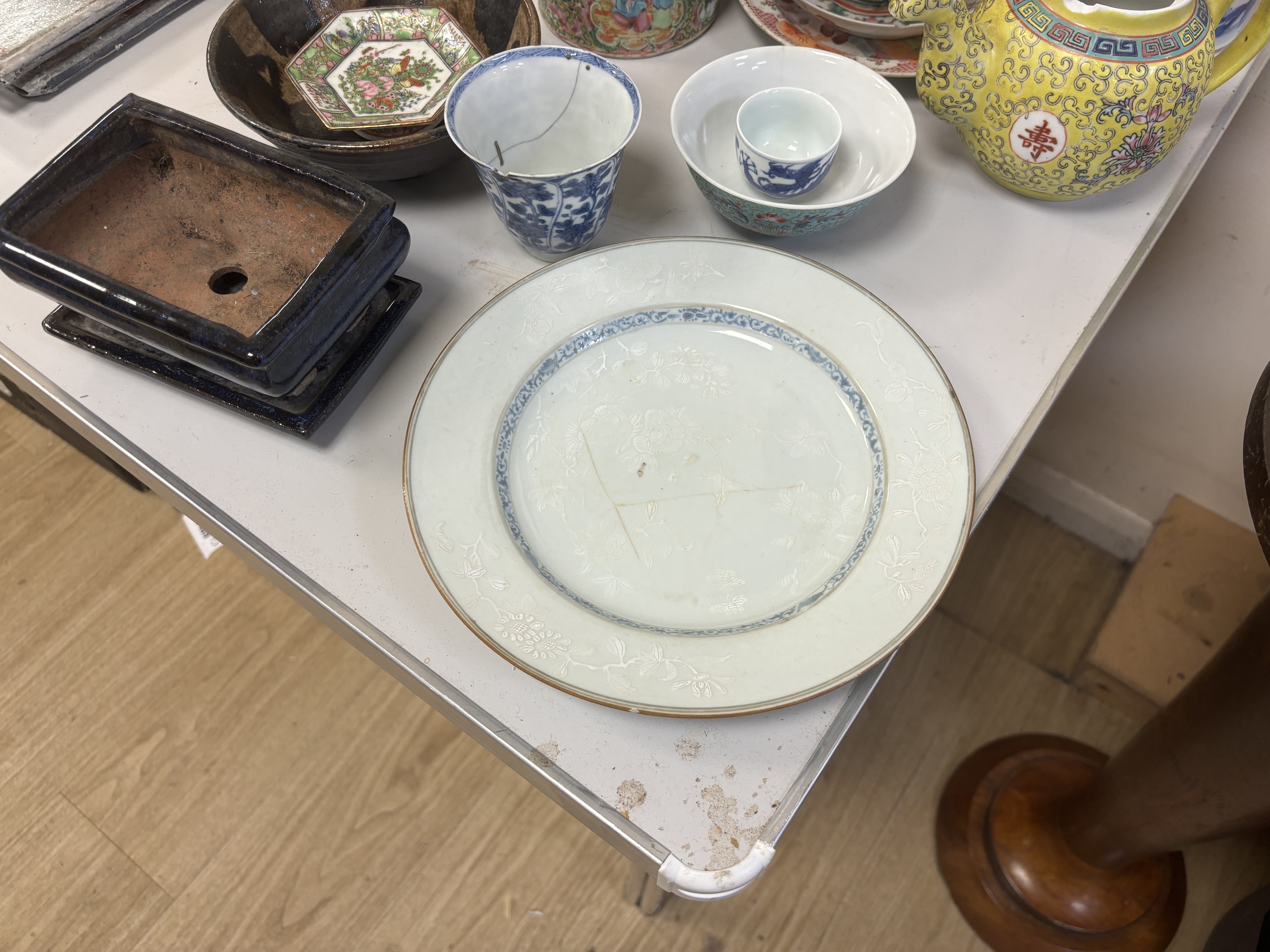 Various Chinese ceramics including some Meiji items; a teapot, 13.5cm, three small dishes and a planter, a Chinese Jian type tenmonku bowl, a Chinese bianco sopra bianco plate, blue and white brush washer, a blanc de chi